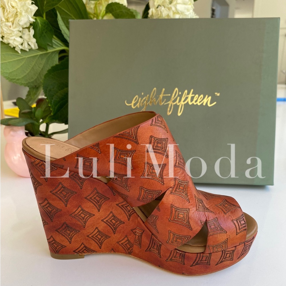 Anthropologie Tan Geometric Wedge Mules